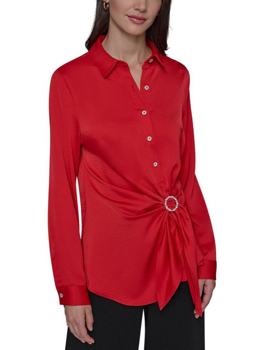 Karl Lagerfeld Paris Women's Long Sleeve Surplice Ring Detail Top Red, Size M